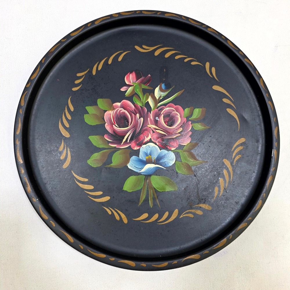 Nashco Serving Tray 11.5in Black Hand Painted Floral Toleware Vintage MCM